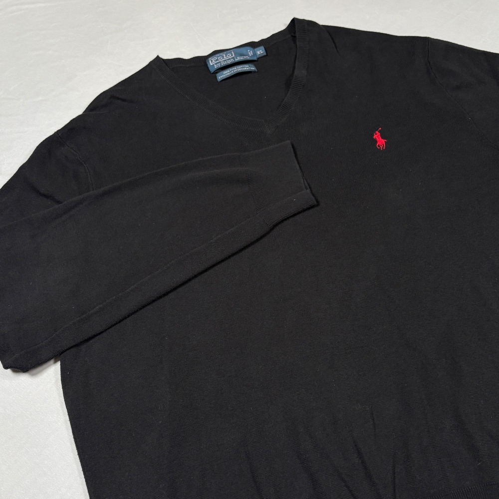 Polo Ralph Lauren Sweater Mens XL V-Neck Black Pima Cotton Embroidered Pony